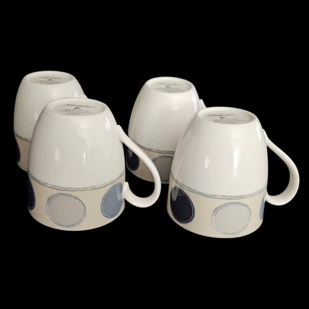 Set of 4 Noritake Ambience Java Graphite Coffee Mugs Blue Gray Circles